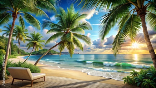3D Beach and Palm Trees Wallpaper Design for Photomural. Perfect for: Tropical Getaways, Beach Houses, Summer Events, Travel Destinations