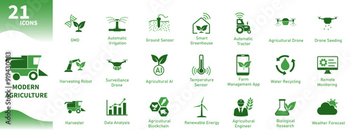 Modern agriculture icon. Set of icons for planting, harvesting, irrigation, agricultural drone, agricultural technology. Solid vector icons.
