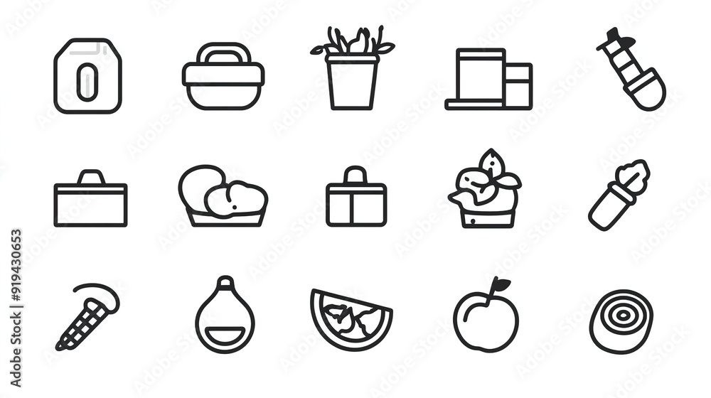 Minimalistic line art icon set featuring clean vector illustrations in black and white on a white background. High-resolution design highlights simple and elegant elements, perfect for modern graphics Minimalistic line art icon set featuring clean vector illustrations in black and white on a white background. High-resolution design highlights simple and elegant elements, perfect for modern graphics