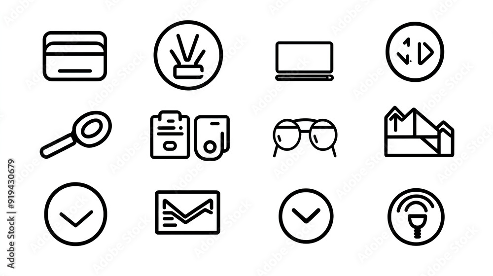 Minimalistic line art icon set featuring clean vector illustrations in black and white on a white background. High-resolution design highlights simple and elegant elements, perfect for modern graphics Minimalistic line art icon set featuring clean vector illustrations in black and white on a white background. High-resolution design highlights simple and elegant elements, perfect for modern graphics