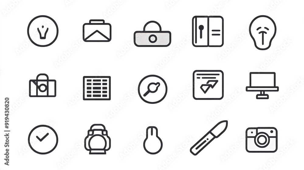 Set of simple line art icons featuring minimalistic design elements. These vector illustrations use a black and white color palette against a white background, presented in high resolution to ensure c