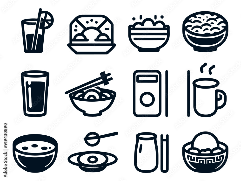 Obraz premium Chinese take away food icons - pasta, rice, spring rolls, fortune cookies.