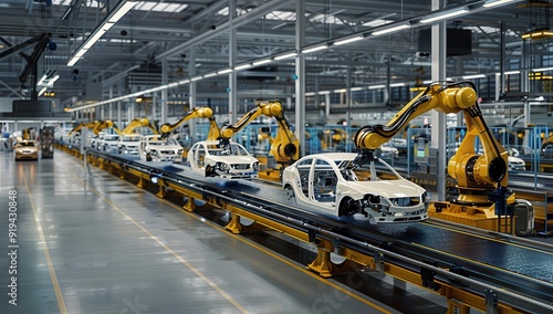 Modern car production line with robotic arms, high-tech industrial setting, wide-angle shot, realistic style.