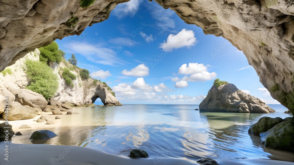 Obraz premium Beach Cave with Sea View and Blue Sky. Perfect for: Tropical Vacations, Beach Excursions, Summer Holidays, Nature Exploration