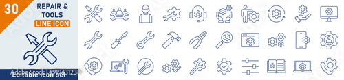 Repair line icon set. Set of 30 outline icons related to repair, tools, repairman, troubleshooting equipment and electronics. Repair outline icons collection. Editable stroke. Vector illustration.