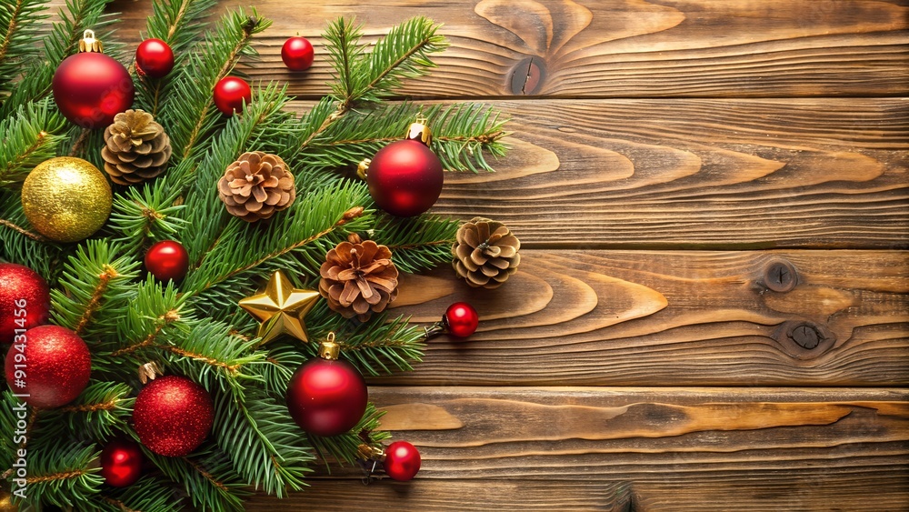 Christmas Decoration on Wooden Background with Copy Space. Perfect for: Christmas, Holiday Decor, Festive Season, Winter Celebrations Christmas Decoration on Wooden Background with Copy Space. Perfect for: Christmas, Holiday Decor, Festive Season, Winter Celebrations