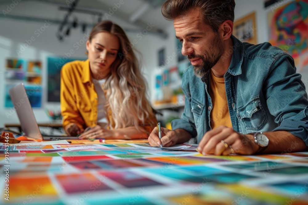 Fototapeta premium Creative studio with designers working on custom print designs, featuring sketches, color palettes, and design software