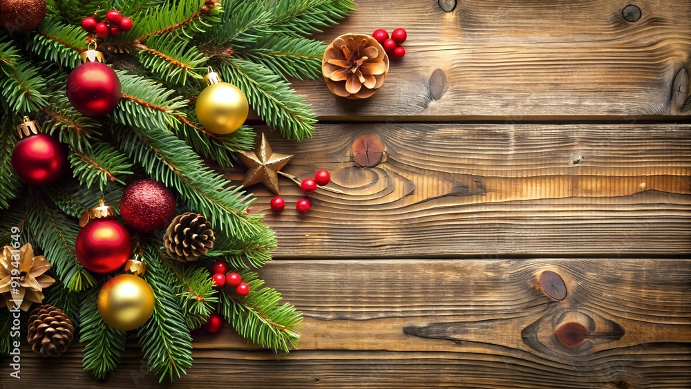 Christmas Decoration on Wooden Background with Copy Space. Perfect for: Christmas, Holiday Decor, Festive Season, Winter Celebrations Christmas Decoration on Wooden Background with Copy Space. Perfect for: Christmas, Holiday Decor, Festive Season, Winter Celebrations