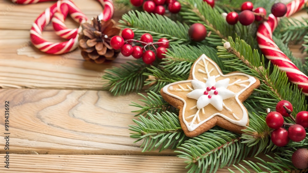 Christmas Decoration on Wooden Background with Copy Space. Perfect for: Christmas, Holiday Decor, Festive Season, Winter Celebrations Christmas Decoration on Wooden Background with Copy Space. Perfect for: Christmas, Holiday Decor, Festive Season, Winter Celebrations