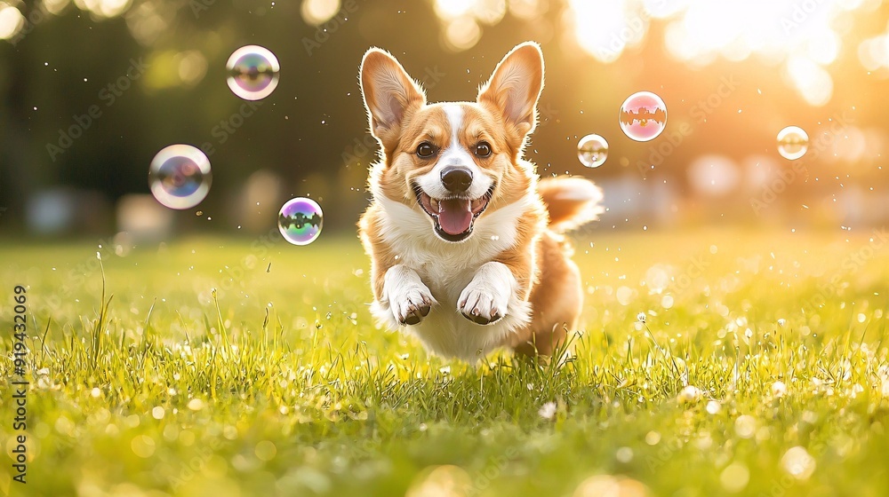 A Playful Dog's Wild Leap Caught in Midair Trying to Pop Bubbles in a Cheerful Outburst of Joy and Energy in a Vibrant RGB Canvas A Playful Dog's Wild Leap Caught in Midair Trying to Pop Bubbles in a Cheerful Outburst of Joy and Energy in a Vibrant RGB Canvas