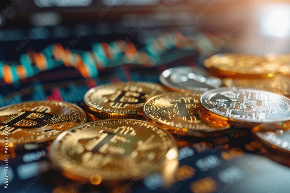 Business graph and upward arrow with coin stacks on dark background, double exposure, financial concept. Business graph and upward arrow with coin stacks on dark background, double exposure, financial concept.