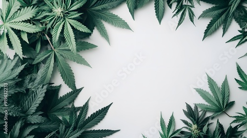 Marijuana leaves on a white background, close up top view on cannabis leaves and branches on white background for alternative medical and marketing design concept