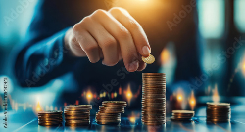 A hand placing a coin on a stack of coins, symbolizing wealth, investment, and financial growth in a modern setting.