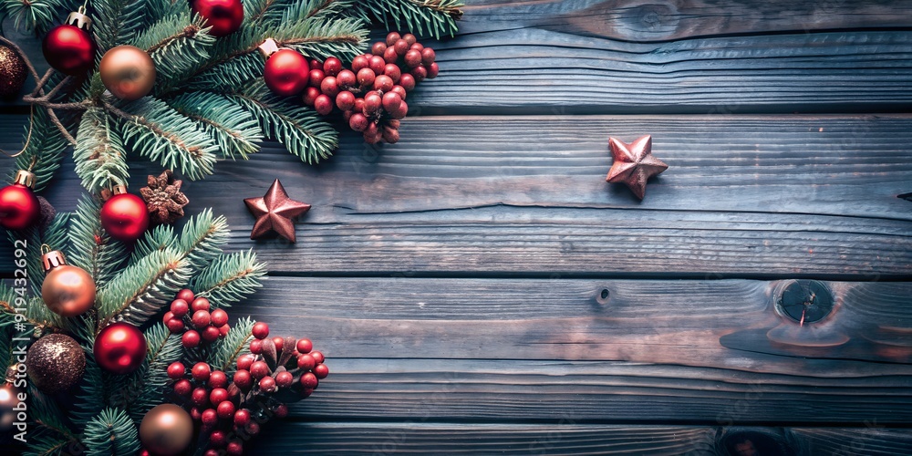 Christmas Decoration on Wooden Background with Copy Space. Perfect for: Christmas, Holiday Decor, Festive Season, Winter Celebrations Christmas Decoration on Wooden Background with Copy Space. Perfect for: Christmas, Holiday Decor, Festive Season, Winter Celebrations