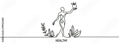 Vegetarian with vegetables and fruits. A person who deliberately does not eat meat. World Vegetarian Day. One line drawing for different uses. Vector illustration.