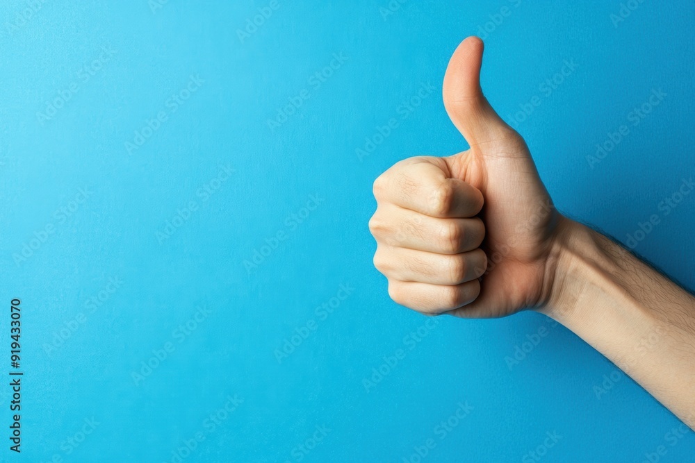 Positive gesture with thumb up blue backdrop Positive gesture with thumb up blue backdrop