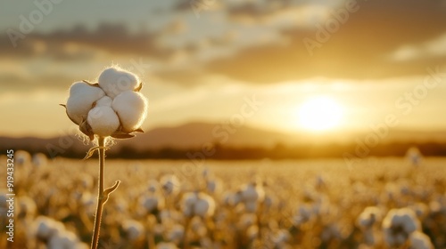 Pima cotton fields at dawn, with delicate cotton bolls glistening in the early morning light, highlighting the purity of natural fibers photo