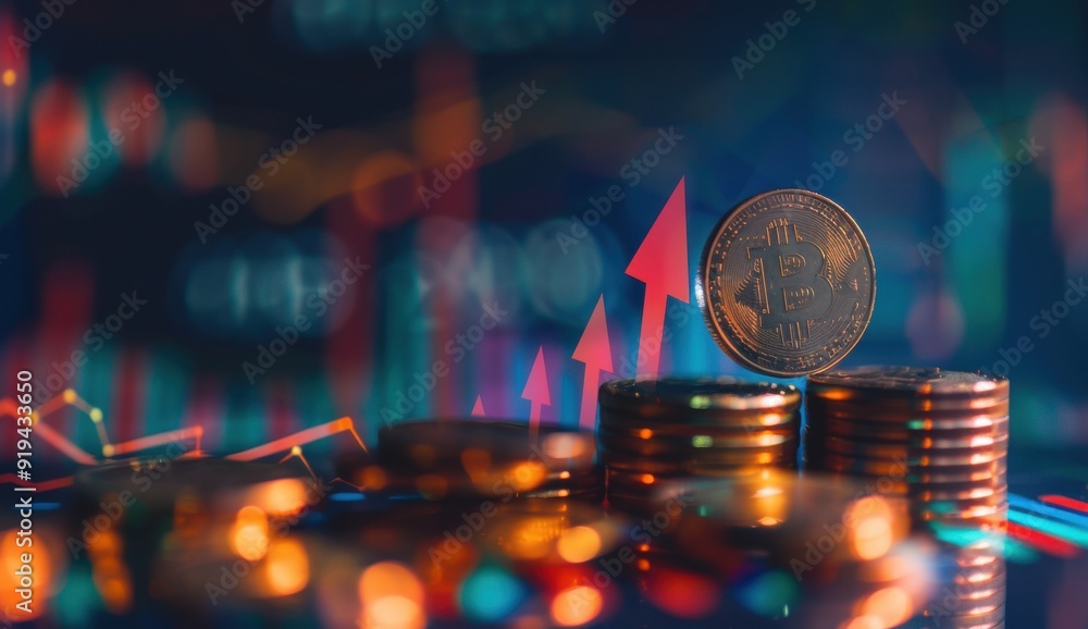 Business graph and upward arrow with coin stacks on dark background, double exposure, financial concept. Business graph and upward arrow with coin stacks on dark background, double exposure, financial concept.