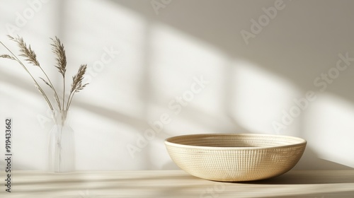 round basket with a delicate cane weave pattern, positioned as a refined centerpiece on a rustic wooden table, softly lit with natural light