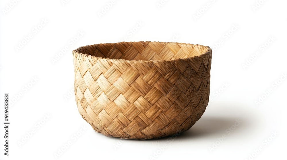 Rustic bamboo basket, expertly woven natural fibers, isolated on a white background, showcasing craftsmanship and texture Rustic bamboo basket, expertly woven natural fibers, isolated on a white background, showcasing craftsmanship and texture
