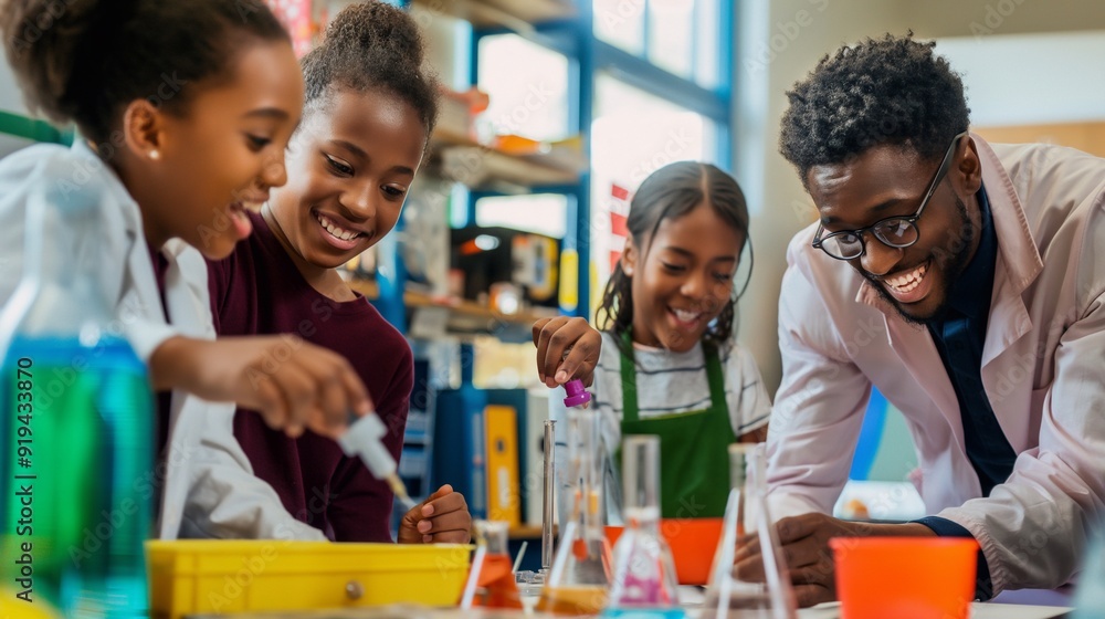 Obraz premium Elementary school students laughing and having fun while making a science experiment with their teacher in a school laboratory. Happy black kids in a class