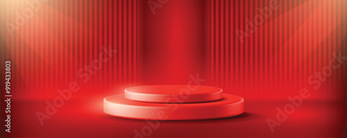 Red mini podium stage on abstract red background, vector product presentation background
