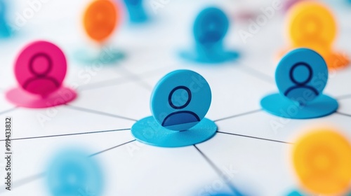 Colored network pins representing connections and community in a conceptual layout, ideal for illustrating social networks and teamwork.