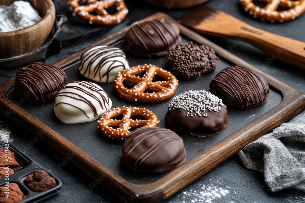 A tempting variety of chocolate snacks including pretzels and pastries covered in white, dark, and milk chocolate arranged on a square tray exuding deliciousness. A tempting variety of chocolate snacks including pretzels and pastries covered in white, dark, and milk chocolate arranged on a square tray exuding deliciousness.