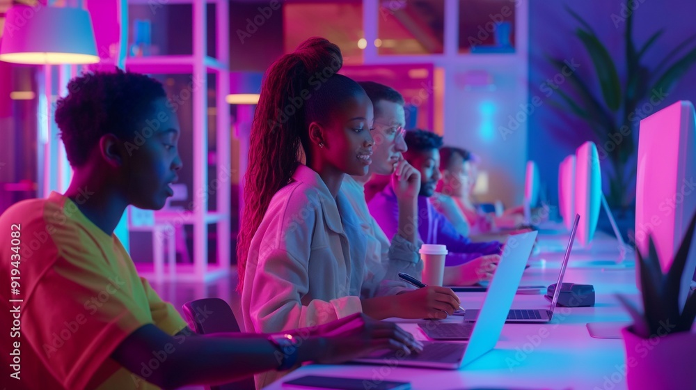 © Daria Lukoiko - Students are working on their computers in a modern classroom illuminated by neon lights, showcasing the future of education © Daria Lukoiko - Students are working on their computers in a modern classroom illuminated by neon lights, showcasing the future of education