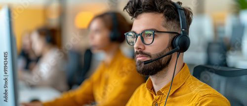 Focused customer support representative wearing a headset working in a modern office, providing excellent service to clients.