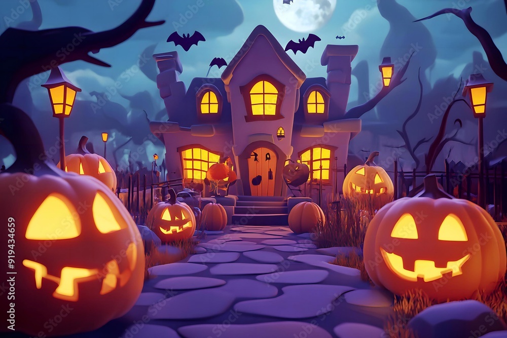 3D scary Pumpkin rising out of graveyard, Halloween poster or banner background with copy space. 3D scary Pumpkin rising out of graveyard, Halloween poster or banner background with copy space.