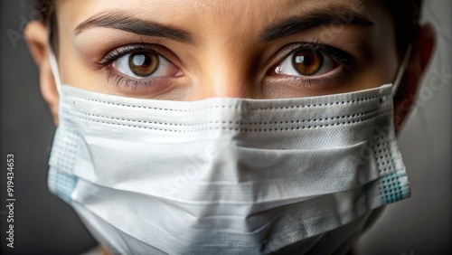 A person's face is partially obscured by a white surgical mask, with only the eyes and eyebrows visible, conveying a sense of caution and protection. photo