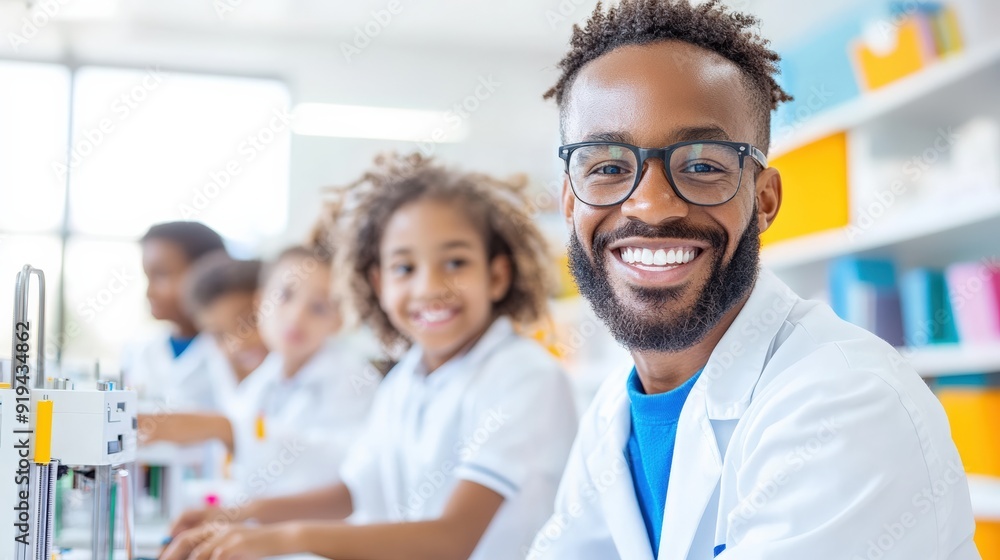 Fototapeta premium Happy teacher and students in a science classroom engaging in STEM activities with bright smiles and enthusiasm for learning.