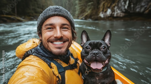 Man kayaking with his dog, smiling and enjoying an adventure on a river in the wilderness. Perfect blend of nature, sports, and companionship.