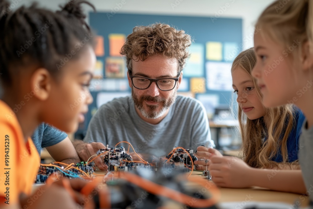 Fototapeta premium Profile view of students and a teacher engrossed in a robotics project.
