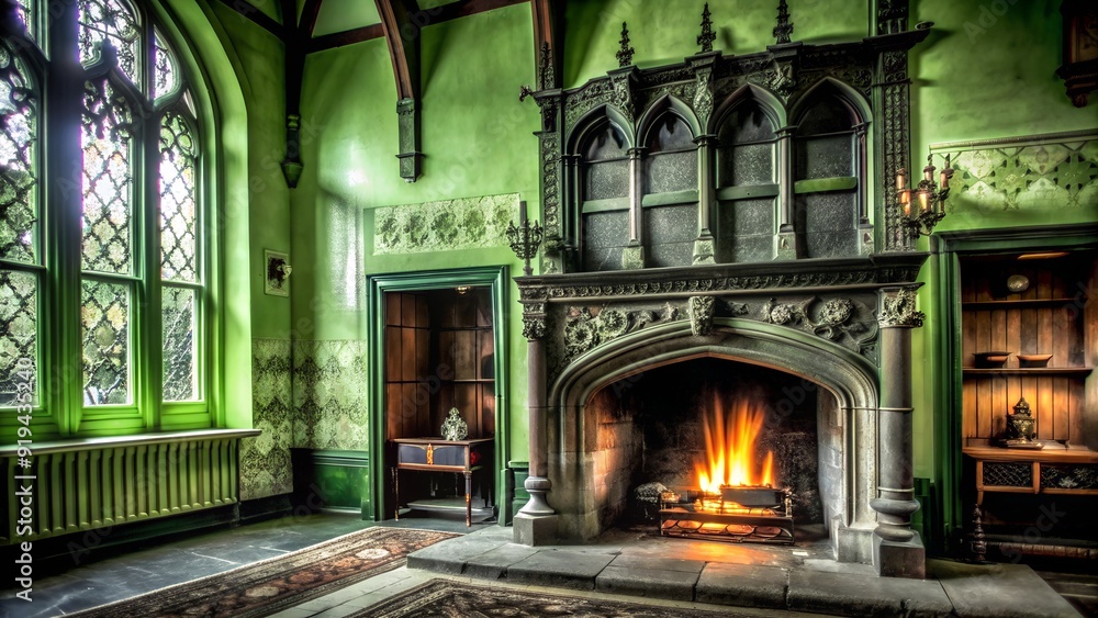 Realistic Photo of Fireplace Hall in an Old Gothic Castle. Perfect for: Halloween, Gothic Events, Historical Reenactments, Haunted House Themes Realistic Photo of Fireplace Hall in an Old Gothic Castle. Perfect for: Halloween, Gothic Events, Historical Reenactments, Haunted House Themes
