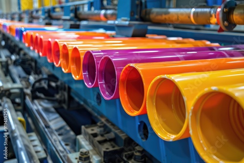 Show a modern, automated plastic pipe manufacturing line with precision machinery and vibrant colored pipes in production