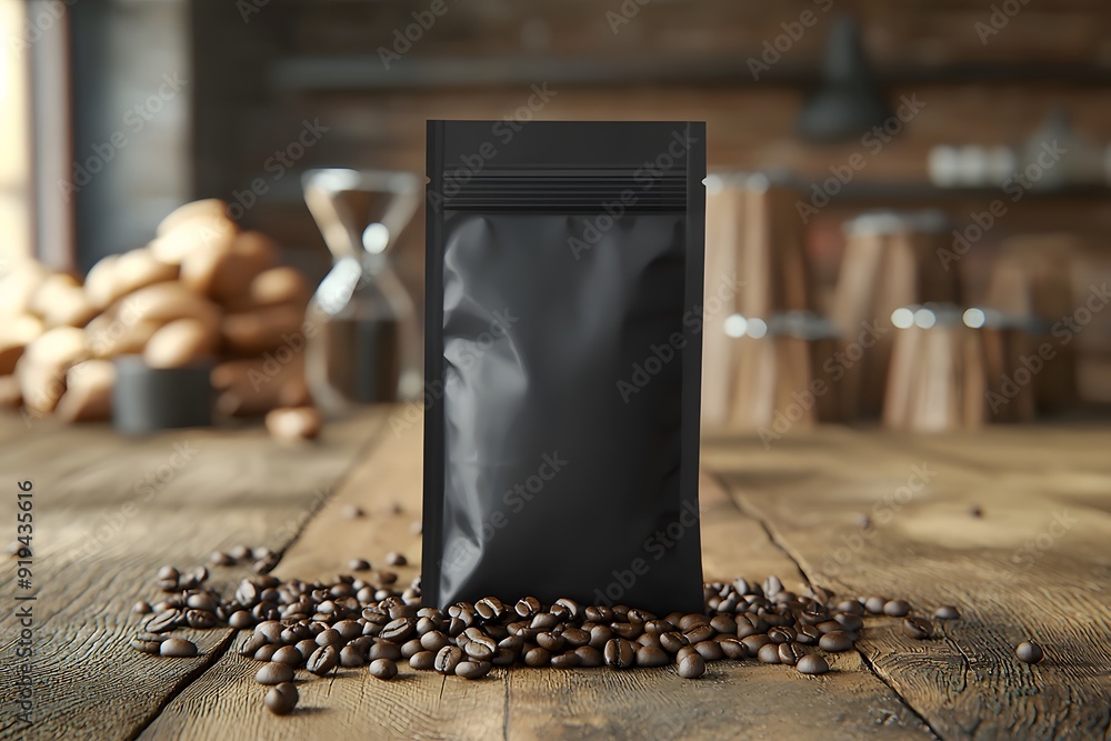 Black coffee bag mockup on wooden table with scattered beans, 3d rendering illustration Black coffee bag mockup on wooden table with scattered beans, 3d rendering illustration