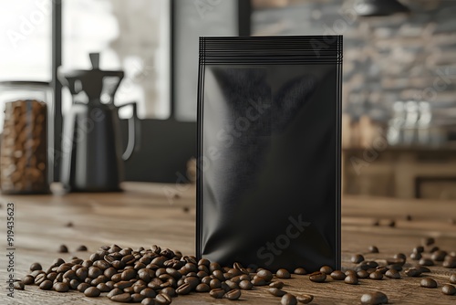 3d render of blank black coffee bag mockup on wooden table with scattered beans, close up, high resolution