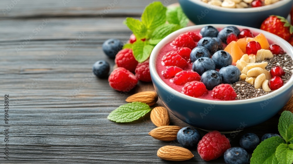 A vibrant smoothie bowl topped with fresh fruits, nuts, and seeds, served on a rustic wooden table A vibrant smoothie bowl topped with fresh fruits, nuts, and seeds, served on a rustic wooden table