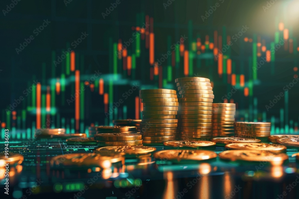 Business graph and upward arrow with coin stacks on dark background, double exposure, financial concept. Business graph and upward arrow with coin stacks on dark background, double exposure, financial concept.