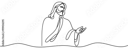 One continuous line depicts Jesus Christ. Isolated outline on a white background. Vector illustration.