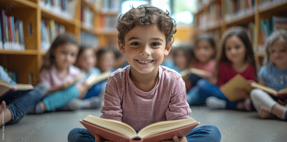Happy Little Boy Reading in Library. Happy Little Boy Reading in Library.