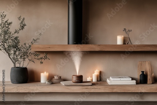 Wallpaper Mural An aroma diffuser emitting steam on a wooden shelf, with candles and minimalistic decor including a plant and some books, creating a serene and modern interior atmosphere. Torontodigital.ca