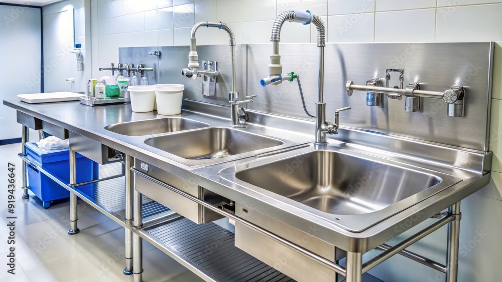 A stainless steel hospital sink with multiple faucets and a drain board, surrounded by medical supplies and equipment, in a clean and modern healthcare facility. A stainless steel hospital sink with multiple faucets and a drain board, surrounded by medical supplies and equipment, in a clean and modern healthcare facility.