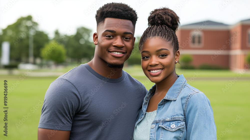 Fototapeta premium casual portrait of two black african american junior college students at university campus, woman and man
