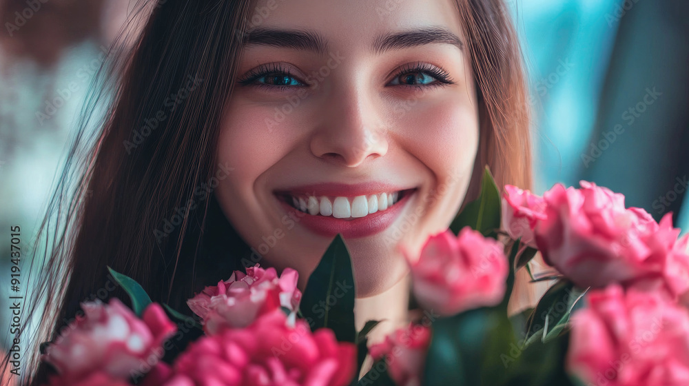 A happy girl holding a bouquet of roses wrapped in black paper, with red and orange flowers. The background is the interior of an office building lobby.
