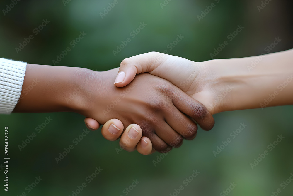 Two hands engaged in a firm handshake, symbolizing cooperation and unity amidst a soft natural background. Two hands engaged in a firm handshake, symbolizing cooperation and unity amidst a soft natural background.