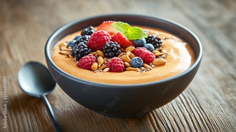 A close-up of a smoothie bowl topped with fresh berries, nuts, and seeds, placed on a rustic wooden table A close-up of a smoothie bowl topped with fresh berries, nuts, and seeds, placed on a rustic wooden table