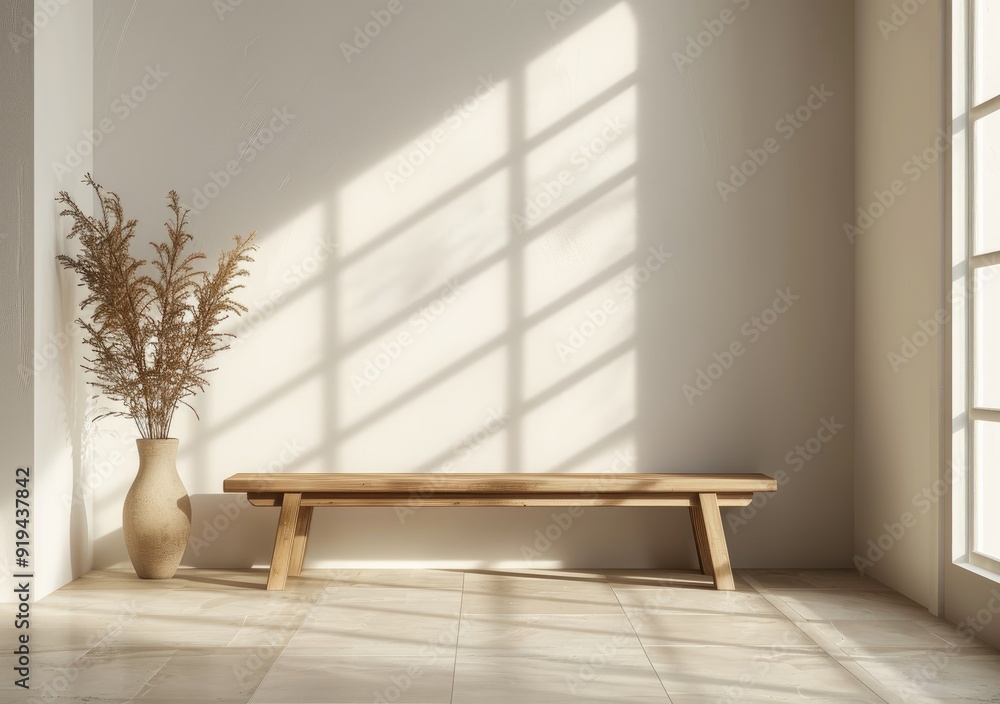 Cozy empty corner room with a long wooden bench near pampas in a pot near windows in sunlight casting shadows on white wall